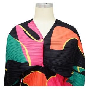 Colorblock Pleated V-Neck Top in Black, Pink, Coral & Teal